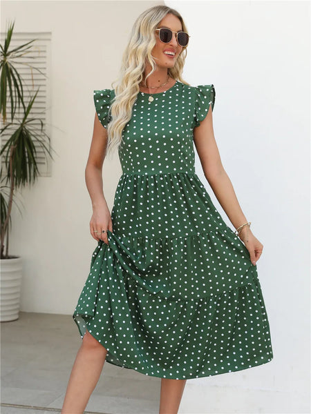 Elegant Women's O Neck Sleeveless Midi High Waist Polka Dot A Line Chic Long Dress