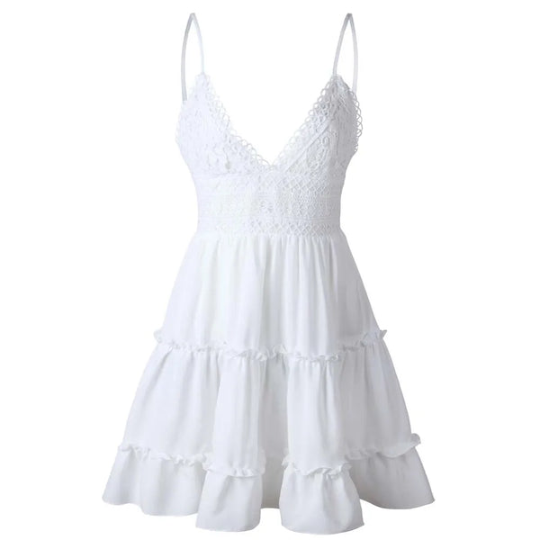 Sexy Spaghetti Strap Mini Dress For Women Solid V-Neck Backless Bow-knot Lace Stitching White Beach Dress Party