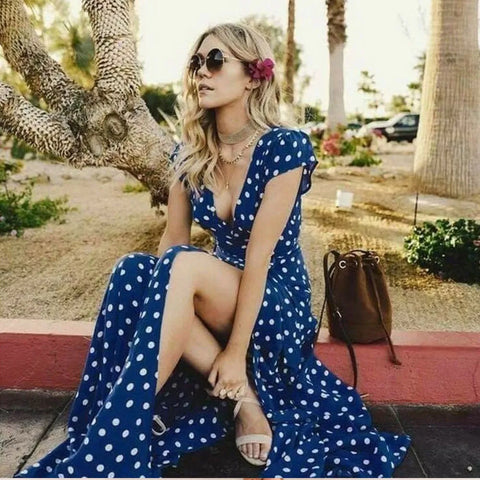 Long Split Polka dot Beach Maxi Dress Women Evening Party Dress Floor-length Beach Sundress