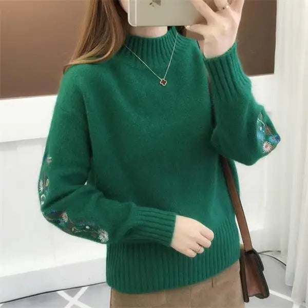 Women Knitted Sweater Floral Embroidery Thick Sweater Pullover New Long Sleeve