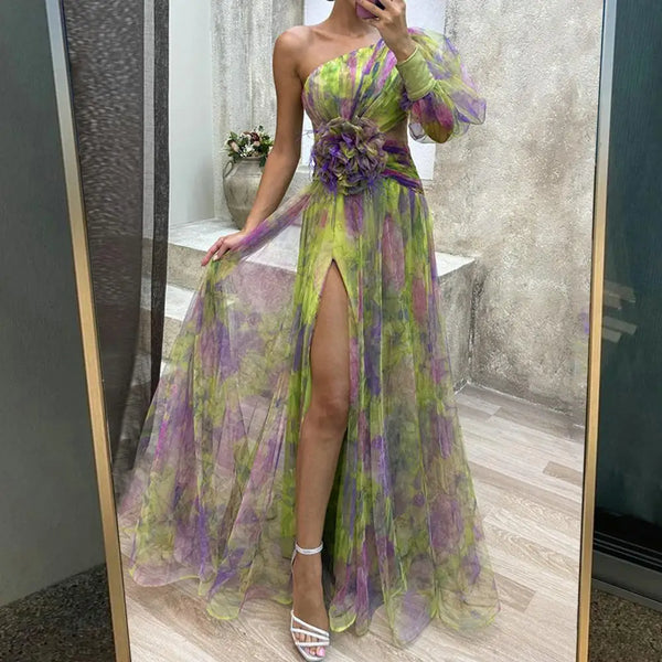 Formal Evening Elegant One Shoulder Tie-dye Ball Gown with Mesh Bubble Sleeve Split Hem Women's Evening Dress