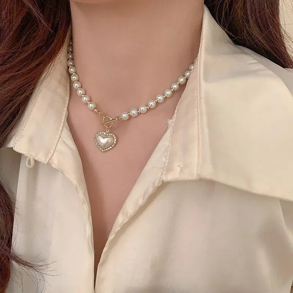 Elegant Pearl Necklace For Women Heart Pendant Luxury Imitation Pearls Chain Necklace Korean Jewelry Gifts