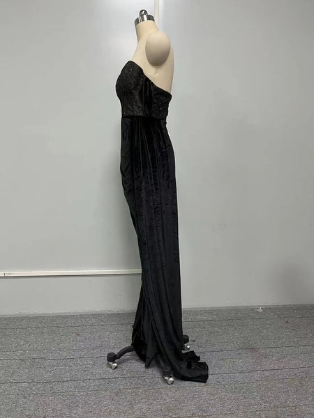 Sexy Backless Evening Party Black Lace Chest Wrapping Off the Shoulder Split Mermaid Prom Gown Maxi Dress