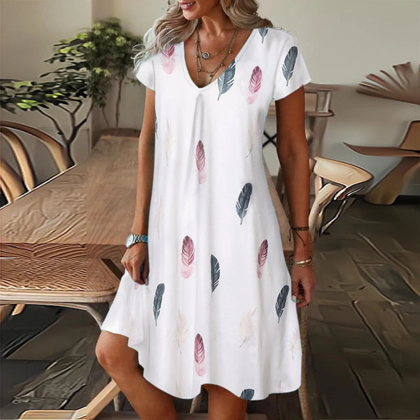 Feather Print Short Sleeve V-Neck Mini Dress Elegant Bohemian Trendy Sundress Beach