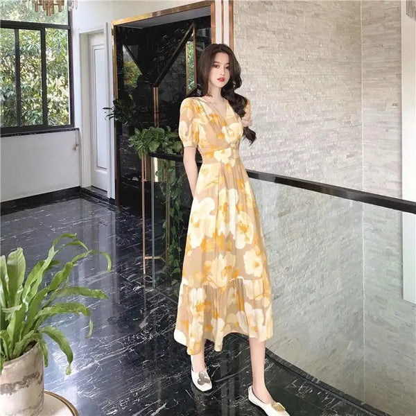 Korean Fashion Elegant Fragmentation Long Paragraph Dress Short-sleeved V-neck Waist A-line Dress