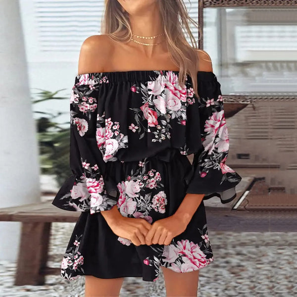 Dress for Women Sexy Off Shoulder Floral Print Flare Sleeve Tunic Dress Women Casual Mini