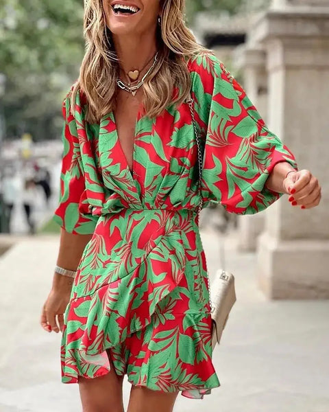 Bat Sleeves Sexy V-Neck Hem Irregular Printed Fashion Loose 5/4 Sleeve Mini Dress