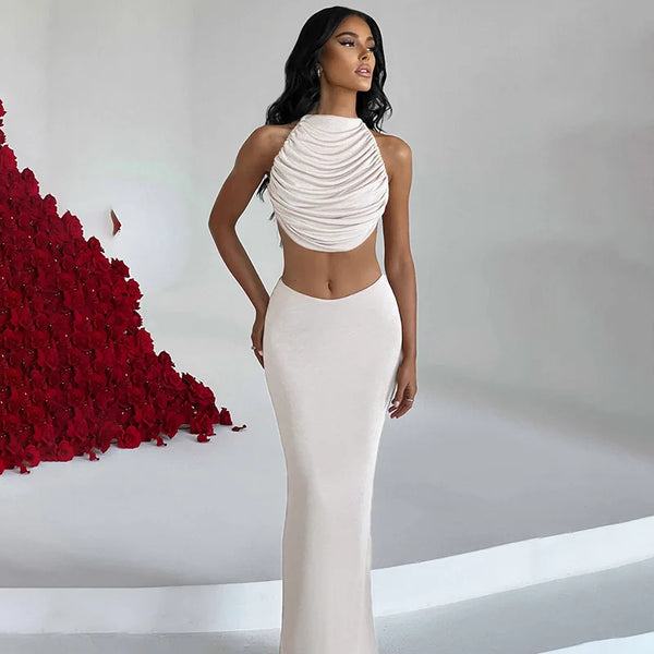 Sexy Solid Pleated Two Piece Skirt Set Sleeveless Crop Top Long Skirt 2 Pieces Set Night Club Party