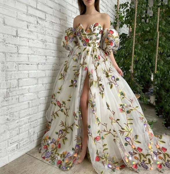 Women's Elegant Wedding Sexy One Shoulder Strapless Open Cut Flowers Embroidered Mesh Puff Sleeve Long Dress