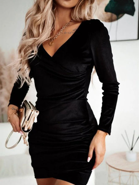 Women Sexy Mini Split Sheath Solid Fold Black Tunic V-Neck Bodycon Dress