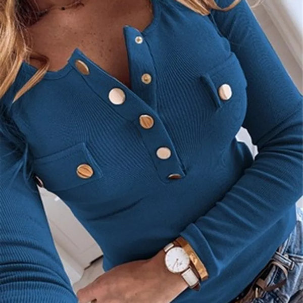 Knitted Sweater O Neck Pullover Long Sleeve T shirt Loose Leisure Elegant Button Tops