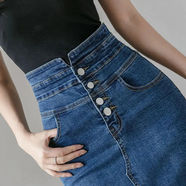 Fashion Split Denim Skirt Woman Korean Style High Waist Button Blue Midi Skirt Women Elegant Office A-Line Skirts