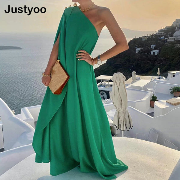 Elegant Solid One Shoulder Big Hem Skew Collar Backless Beach Women Irregular Loose Slit Maxi Dress