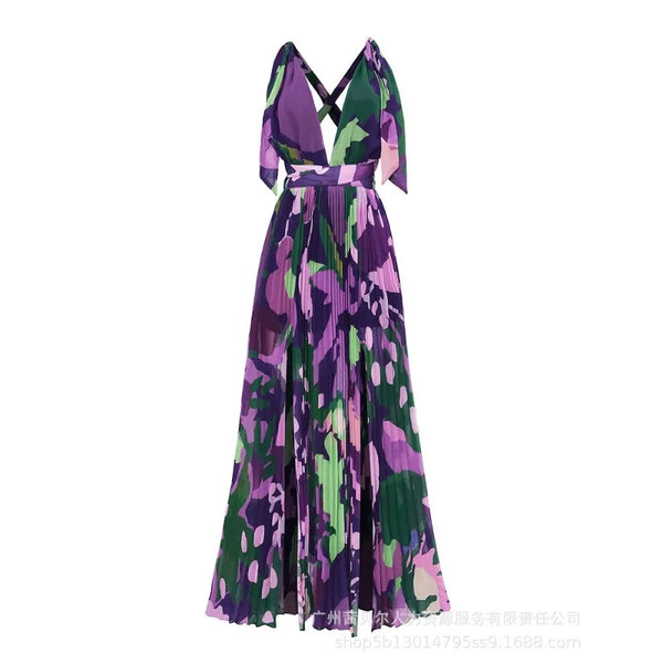 Summer Autumn Floral Print Pleated Slit Dress Women's Fashion Backless Sleeveless V-neck High Waist Dress