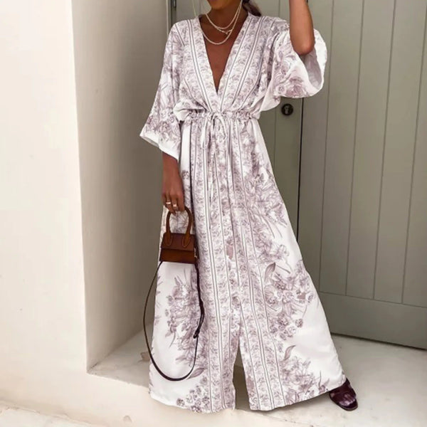 Deep V Neck Waist Drawstring Long Dress Women Spring Pattern Print Vintage Maxi Summer Short Sleeve Loose Beach Dress