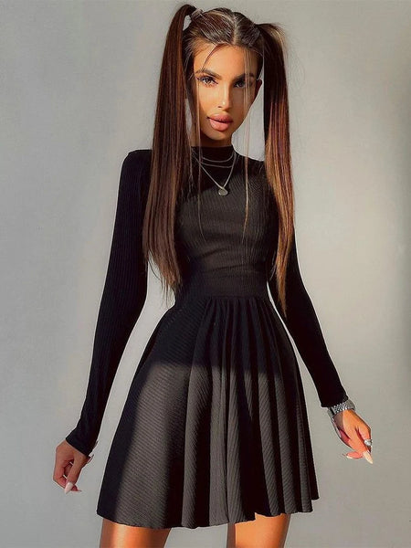 Women Long Sleeve Pleated Hollow Backless Bodycon Party Mini Short Evening Dress