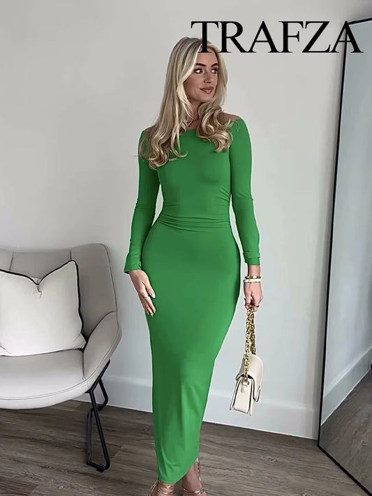 Slim Ankle-Length Solid Slash Neck Off Shoulders Long Sleeve Women's Sheath Long Dress