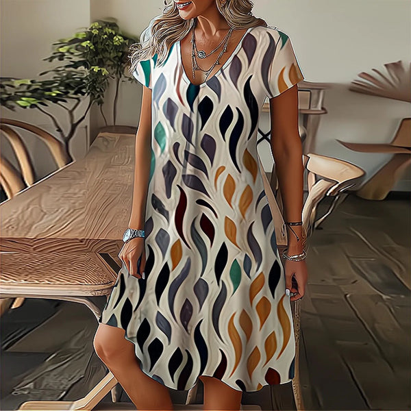 Feather Print Short Sleeve V-Neck Mini Dress Elegant Bohemian Trendy Sundress Beach