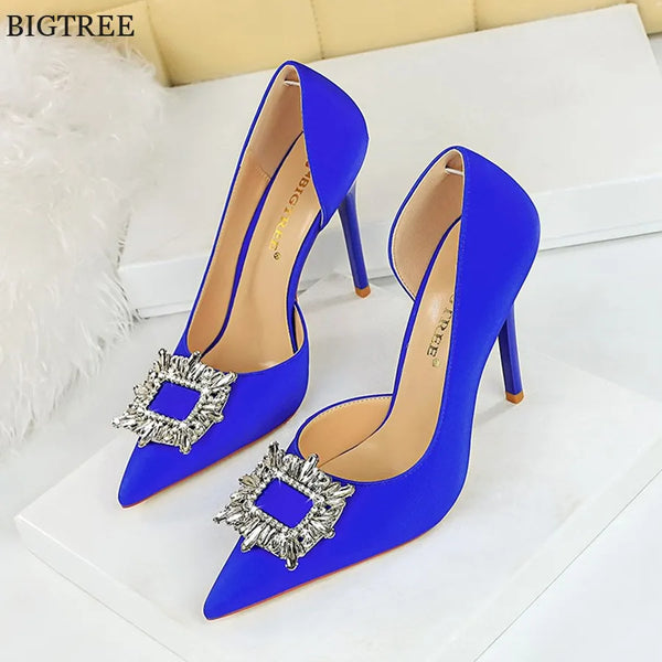 BIGTREE Blue Black Fashion Crystal Square Buckle Women Pumps Side Hollow Sexy Pointed High Heels Ladies Wedding Shoes Party Slim