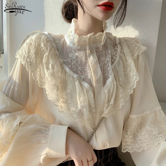 Elegant Ruffled Lace Blouse Women Stand Collar Embroidery White Shirt Long Sleeve Vintage Blouse