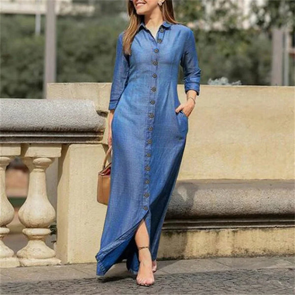 Elegant Women's Denim Dress Long Sleeve Buttons Shirt Long Dress Female Fashion New Elegant Casual Ladies Clothes