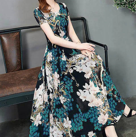 Short Sleeve Fashion Slim Fit Floral Round Neck Medium Length Dress A- shaped Printed Polyester