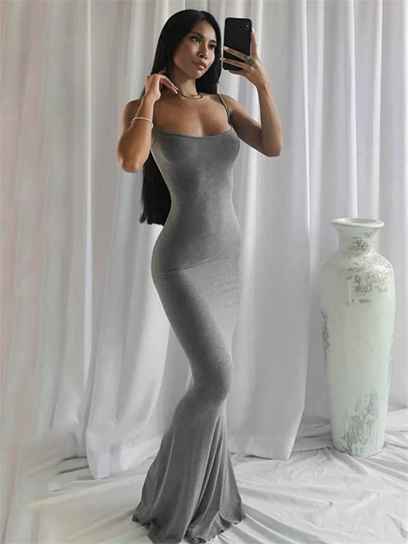 wsevypo Spaghetti Strap Bodycon Long Dress Women Sleeveless Wrapped Fish Tail Dress Solid Color Club Streetwear