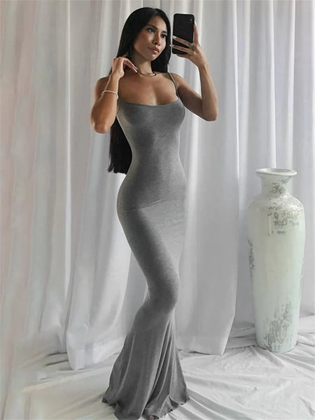 wsevypo Spaghetti Strap Bodycon Long Dress Women Sleeveless Wrapped Fish Tail Dress Solid Color Club Streetwear