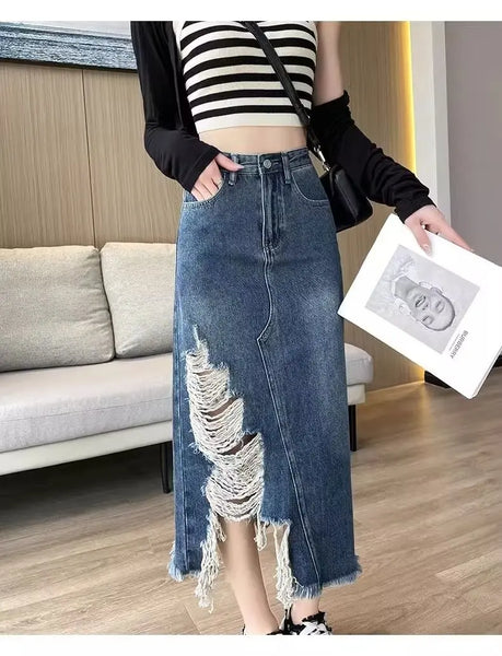 LEDP Irregular raw edge denim skirt high waist and slim belly long A-shaped skirt.