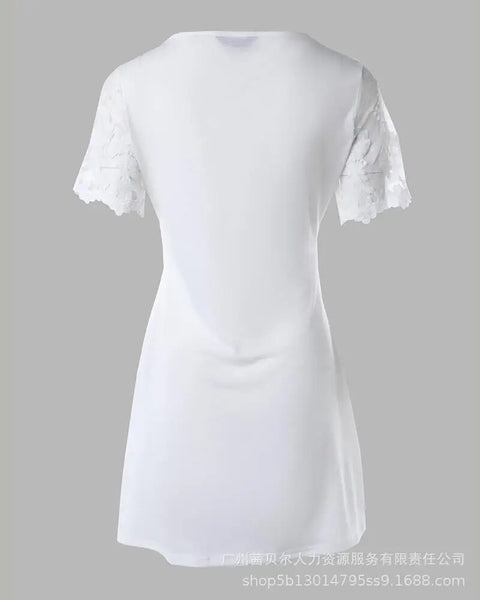 Crochet Lace Casual Dress Keyhole Neck New Summer Women Short Sleeve Dress White Dresses Floral High Waist