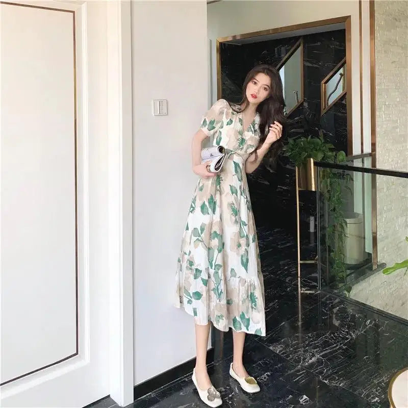 Korean Fashion Elegant Fragmentation Long Paragraph Dress Short-sleeved V-neck Waist A-line Dress