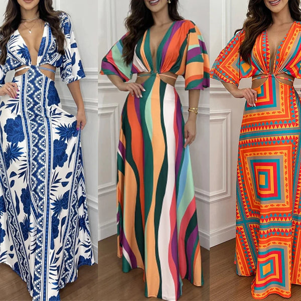 Fresh Sweet Sexy V-neck Printed Color Block Fashion Five-inch Bat Sleeves Open Waist Tie Long Dress