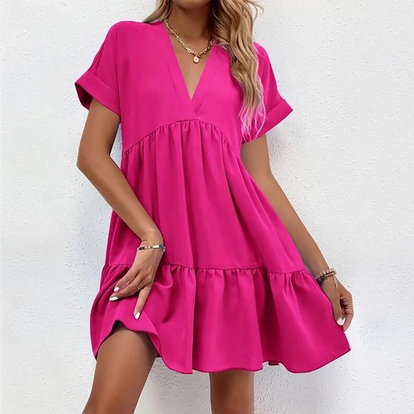 Casual Short Sleeve Mini Spring Summer V-neck Loose Cute Solid Big Hem Beach Dress