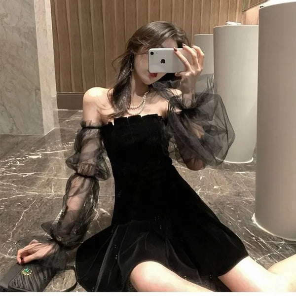 Black Retro Lace Chiffon Mini High Street Sexy Korean Fashion Women Club Dress