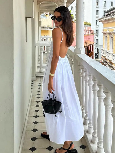 Sexy Backless Midi Sleeveless V Neck Causal Loose Beach Holiday White Long Dress