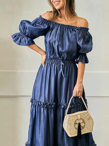 Elegant Sexy Off Shoulder Maxi Ruffled Dress Half Sleeve Bandage Elastic Waist Solid Long