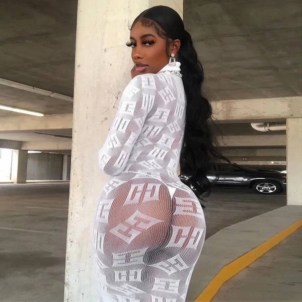 Sexy See Through Bodycon Women Long Sleeve Letter Printed Night Club Party Knitted Female Dress