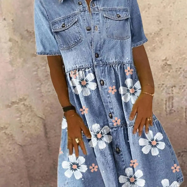 Distressed Denim Dress Knee-length Women Dress Buttons Breathable Turn Down Collar Floral Print Buttons Dress