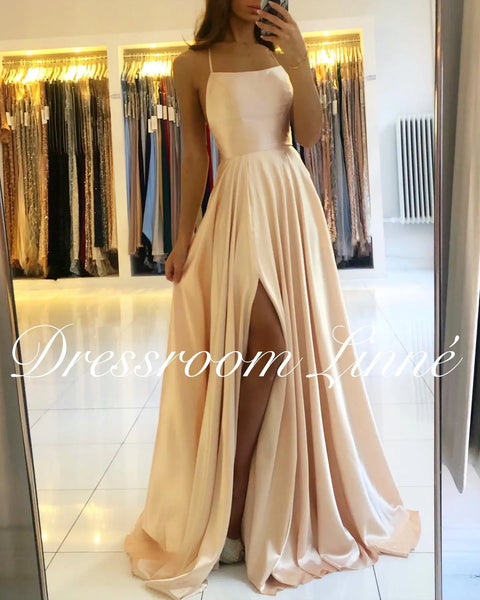 Prom Dress Spandex satin Slit Side Dress A-LINE Scoop Stretch Slip Satin High Split Long Simple Evening Party