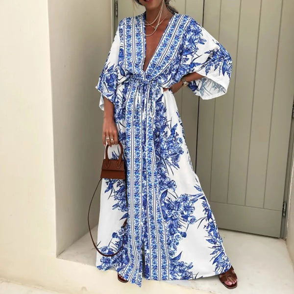 Deep V Neck Waist Drawstring Long Dress Women Spring Pattern Print Vintage Maxi Summer Short Sleeve Loose Beach Dress