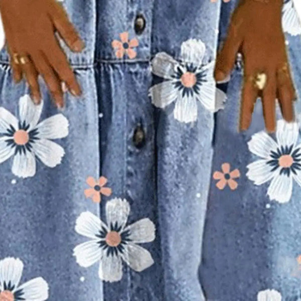 Distressed Denim Dress Knee-length Women Dress Buttons Breathable Turn Down Collar Floral Print Buttons Dress