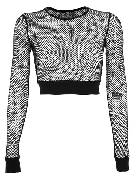 Sexy Mesh Crop Top Hollow Out Black Women See Trough Long Sleeve Streetwear Fishnet T Shirt