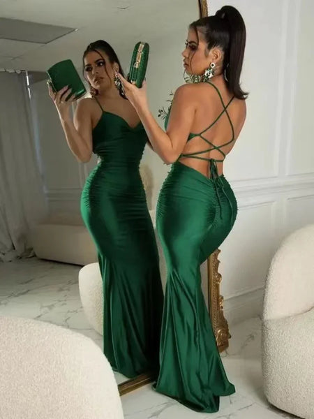 New Lace Up Solid Satin Maxi Backless Bodycon Sexy Streetwear Party Elegant Festival Evening Summer Long Dress