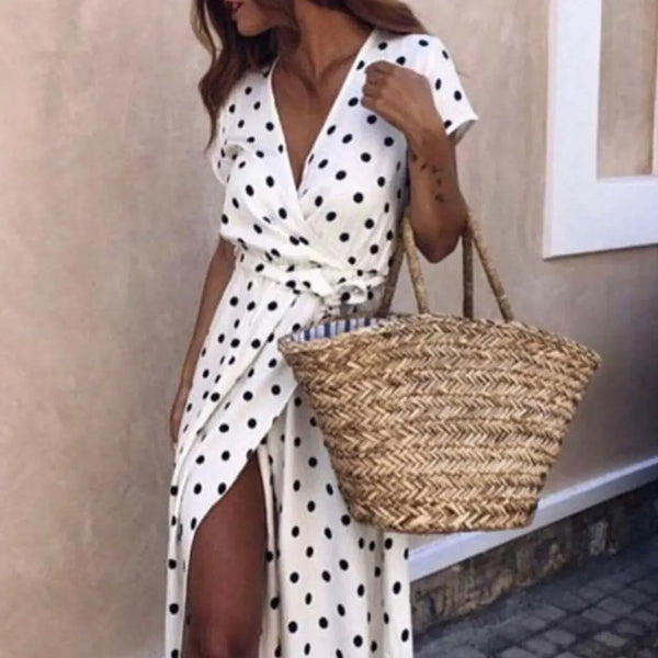 Long Split Polka dot Beach Maxi Dress Women Evening Party Dress Floor-length Beach Sundress