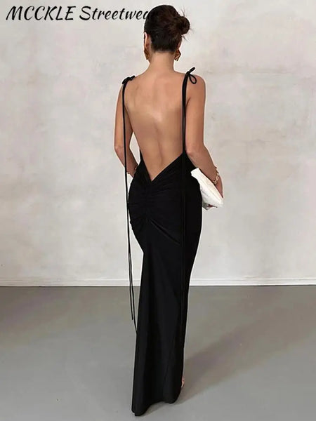 Sexy Backless Party Dress Maxi Slip Sheath Long Female Solid Slim