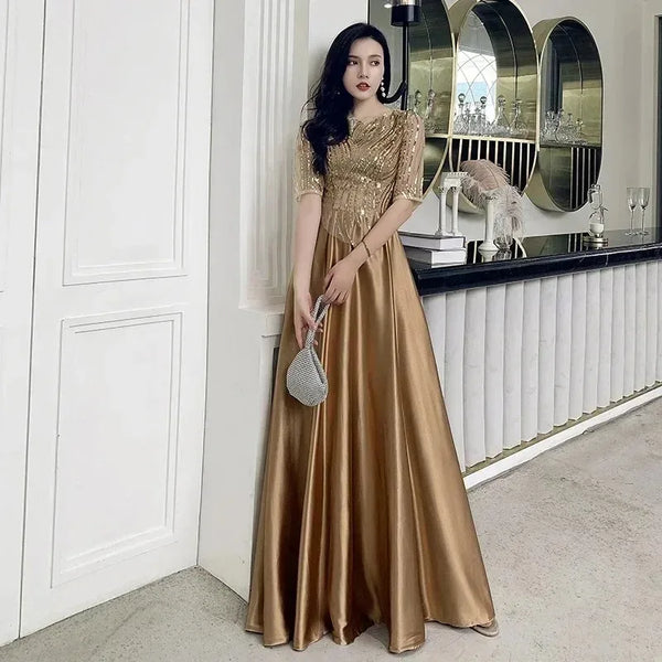 Sequins Long Satin Slip Dress Spaghetti Strap Party Dress Elegant Gold Silk Sexy Maxi Long Club Wear