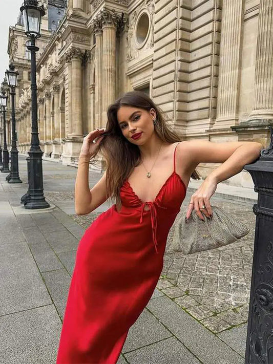 Women's 2024 New Sexy Backless Red Satin Maxi Dress Female Elegant V Neck Lace Up Dress Sleeve Ladies High Street Vestidos
