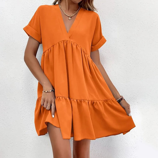 Casual Short Sleeve Mini Spring Summer V-neck Loose Cute Solid Big Hem Beach Dress