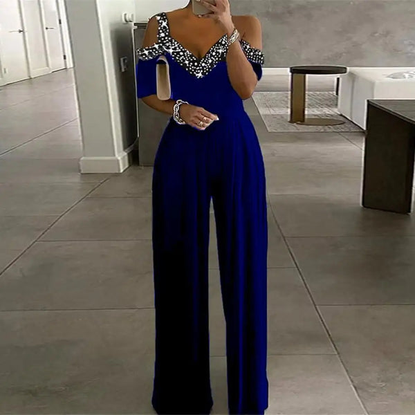 Women Jumpsuit Thin Gown Jumpsuit V-neck Popular Women Straight Wide Leg One-piece Jumpsuit Workwear