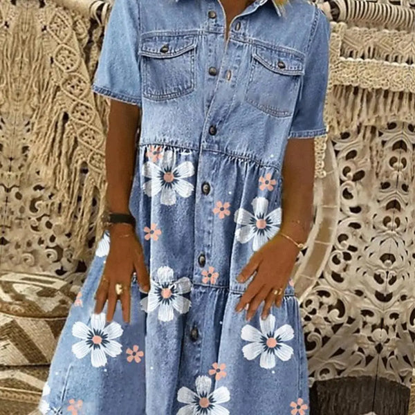 Distressed Denim Dress Knee-length Women Dress Buttons Breathable Turn Down Collar Floral Print Buttons Dress